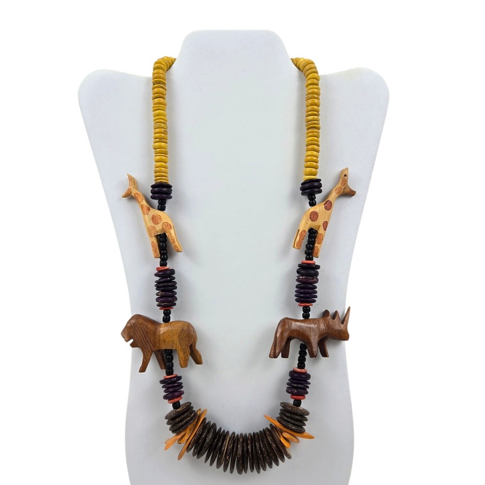 Vtg 90s Safari Animal Statement Necklace Hand Painted Wood Yellow Brown 12" Drop